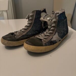 Golden Goose High Top Sneakers Women's Size 10 Blue Grey Multicolor Glittery